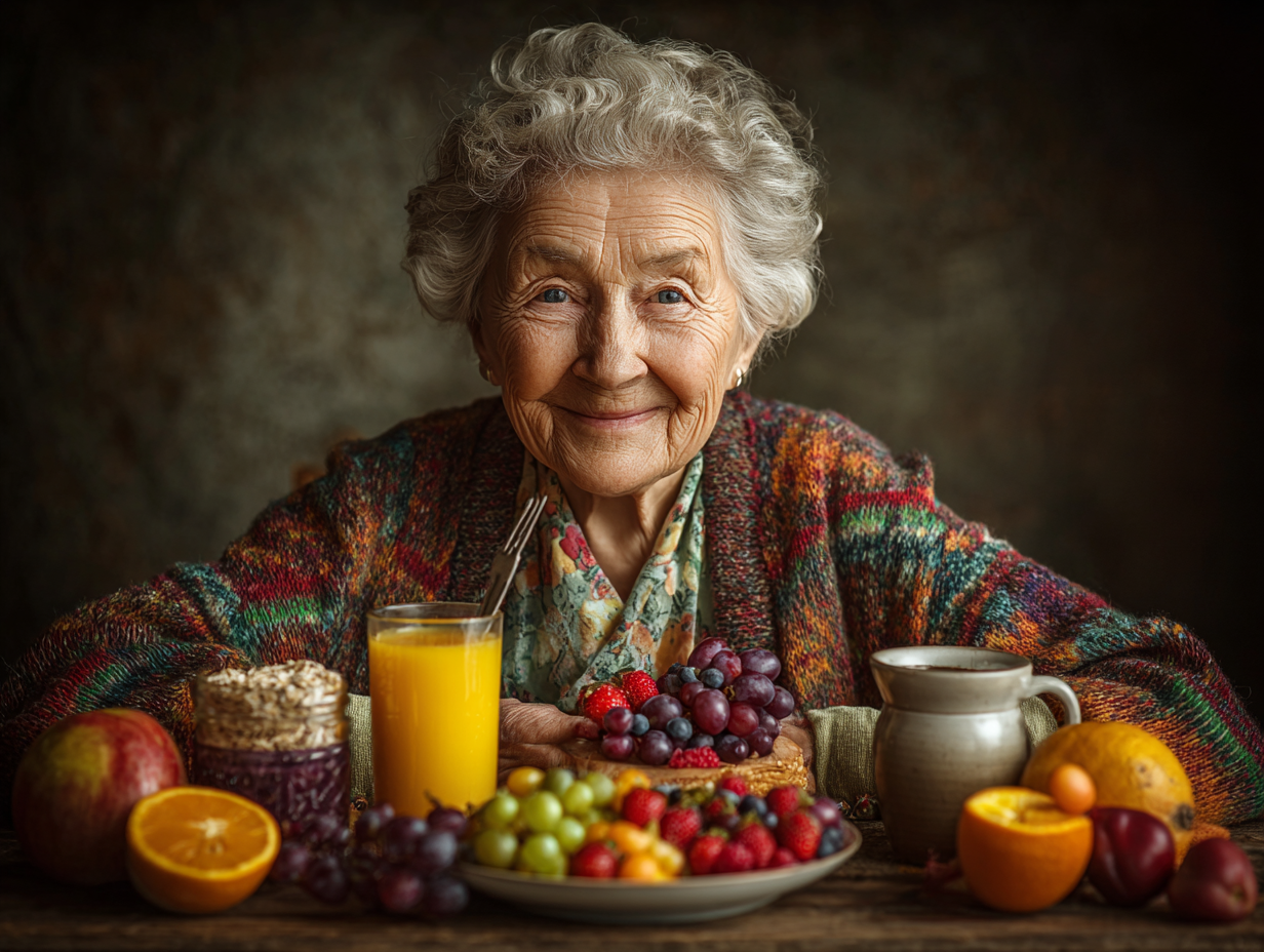 Glückliche Seniorin mit frischen Lebensmitteln